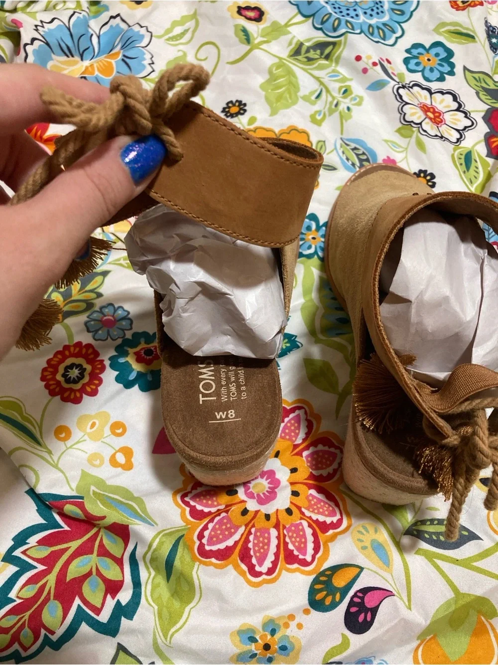 TOMS Women's Size 8M Tan Suede Peep Toe Block Heel Seville Espadrilles